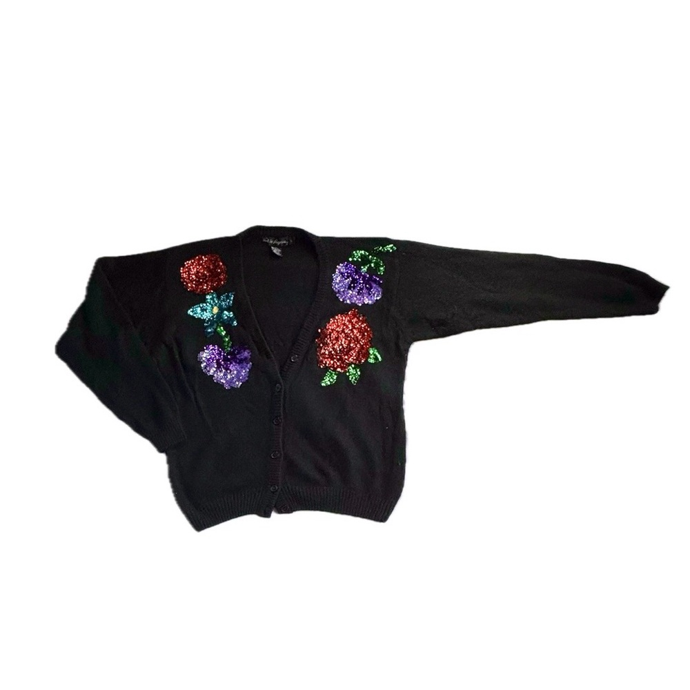Work In Progress Vintage Sequin Floral Cardigan Black Women's Silk Angora Blend